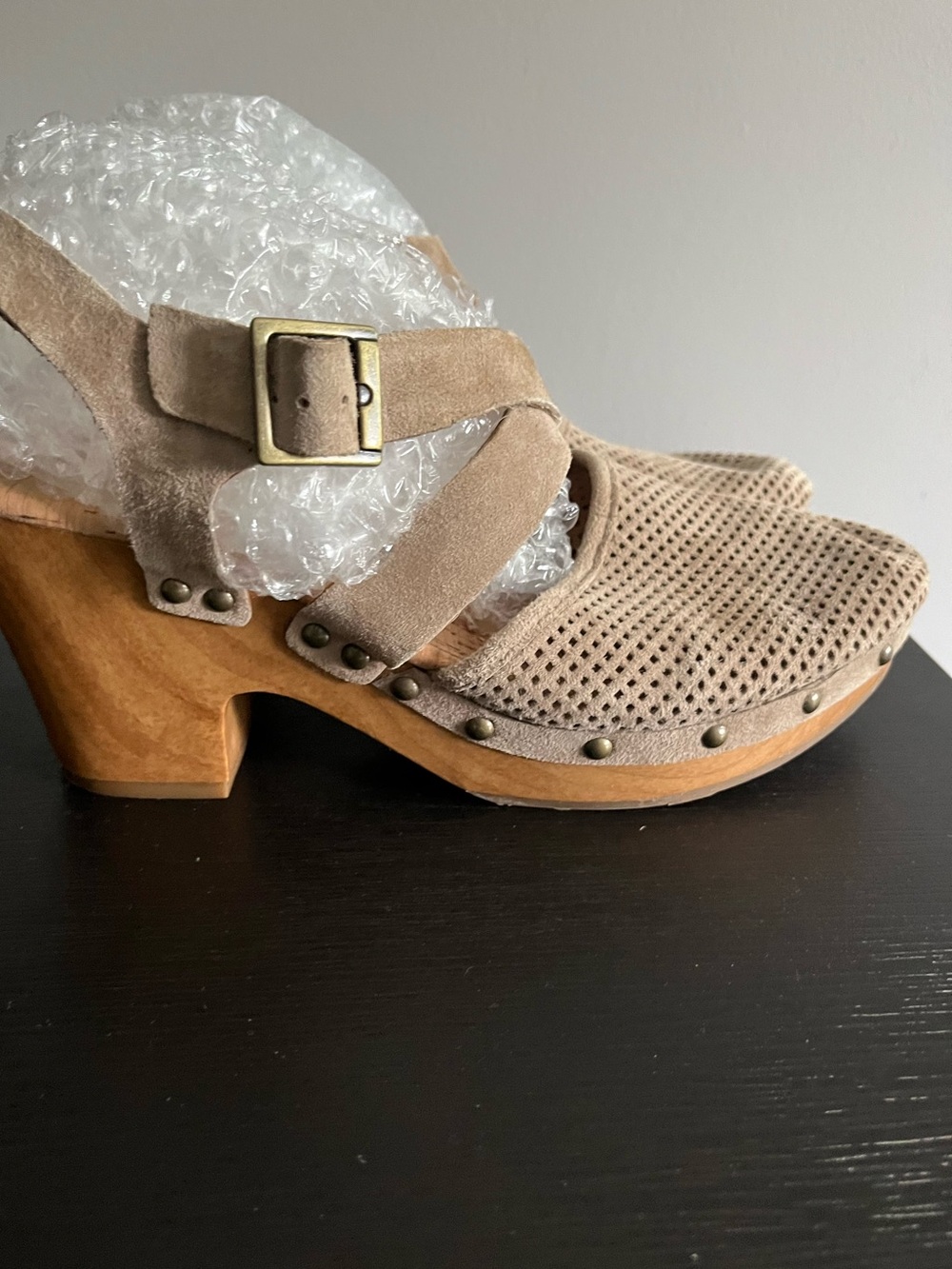 Suede Perforated Taupe Clog Heels with Buckle by korks sz10